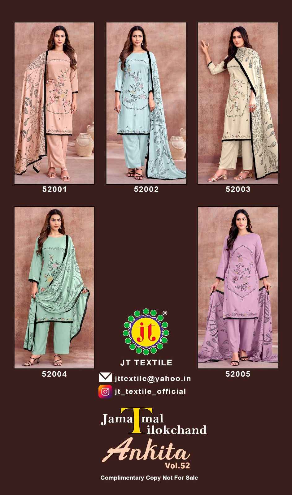 JT ANKITA VOL-52 RAYON WITH EMBROIDERY WORK DRESS MATERIAL 
