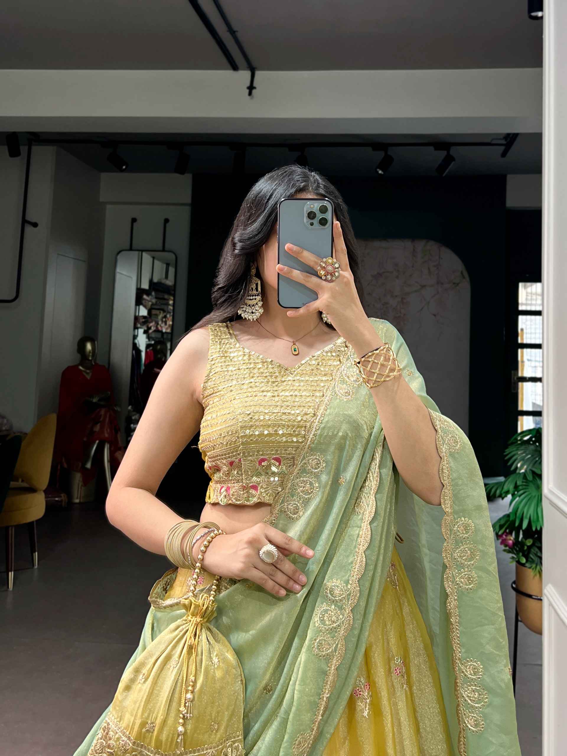 NC MOSS SILK SEQUINS THREAD EMBROIDERY WORK LEHENGA CHOLI 