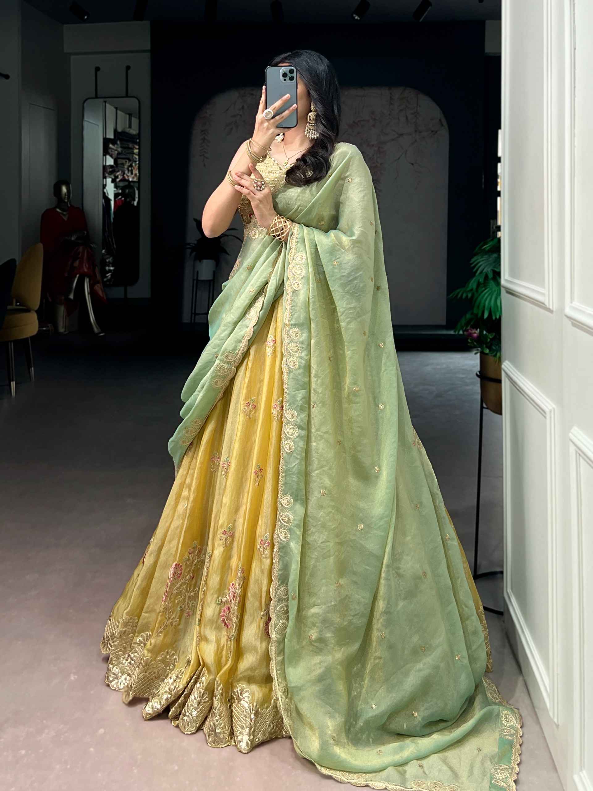 NC MOSS SILK SEQUINS THREAD EMBROIDERY WORK LEHENGA CHOLI 
