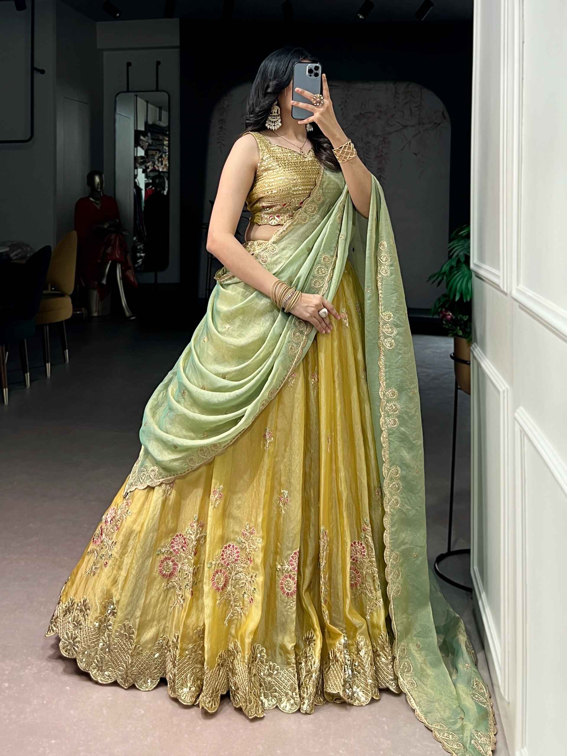 NC MOSS SILK SEQUINS THREAD EMBROIDERY WORK LEHENGA CHOLI 