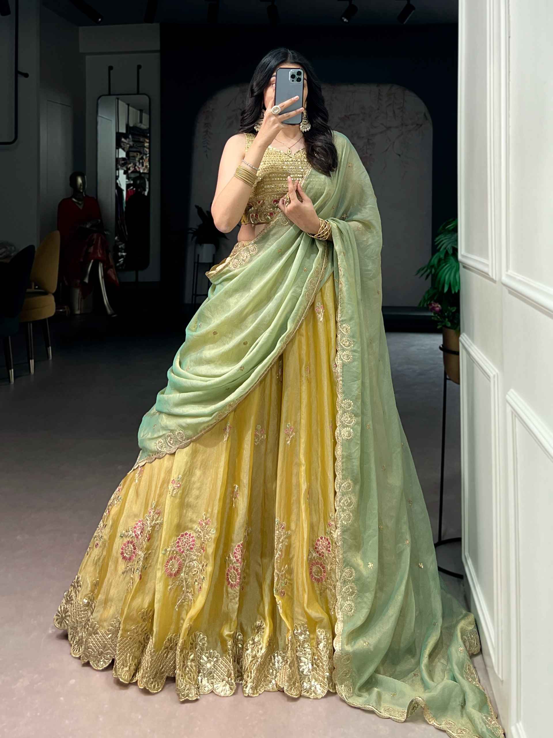 NC MOSS SILK SEQUINS THREAD EMBROIDERY WORK LEHENGA CHOLI 