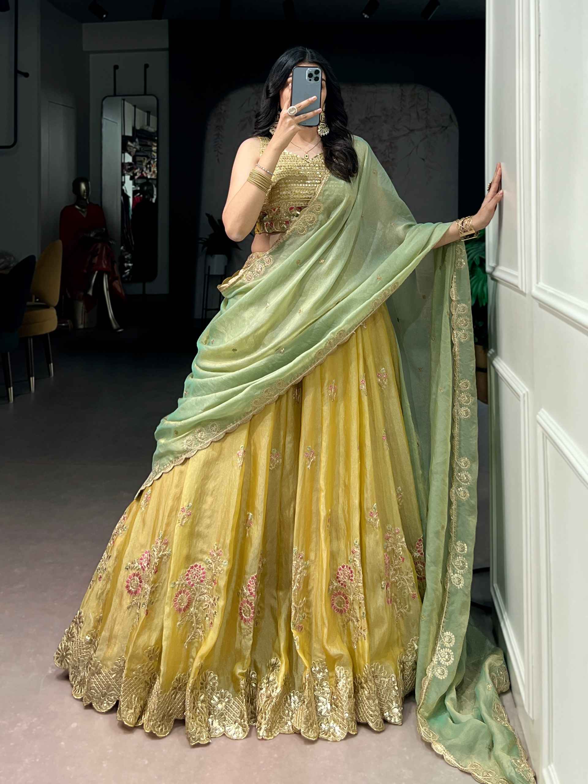NC MOSS SILK SEQUINS THREAD EMBROIDERY WORK LEHENGA CHOLI 