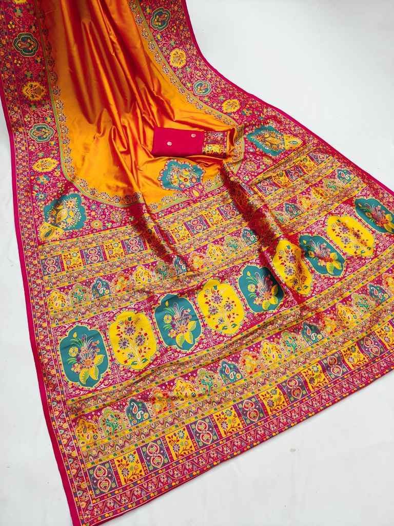 PASHMINA SILK MULTICOLOR BORDER WOVEN MOTIFS SAREE 