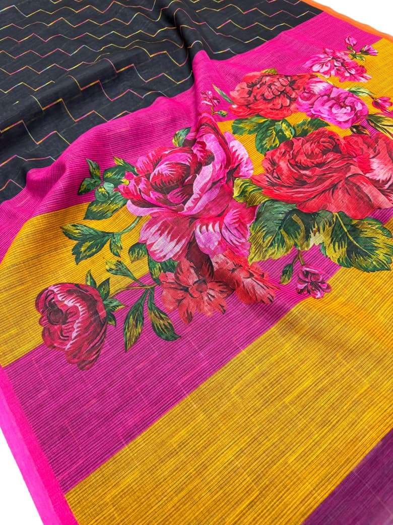 PLAIN LINEN DIGITAL PRINTED SAREE CODE MG660