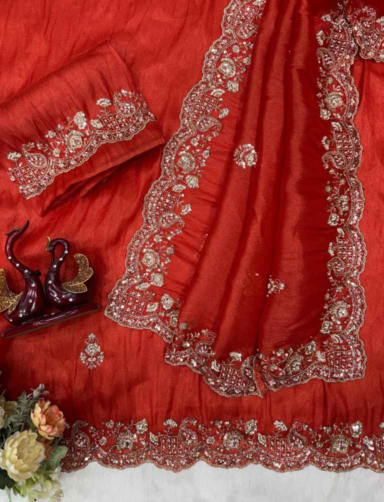PREMIUM SOFT TISSUE SILK MOTI AND BEADS HEAVY EMBROIDERED WORK SAREE