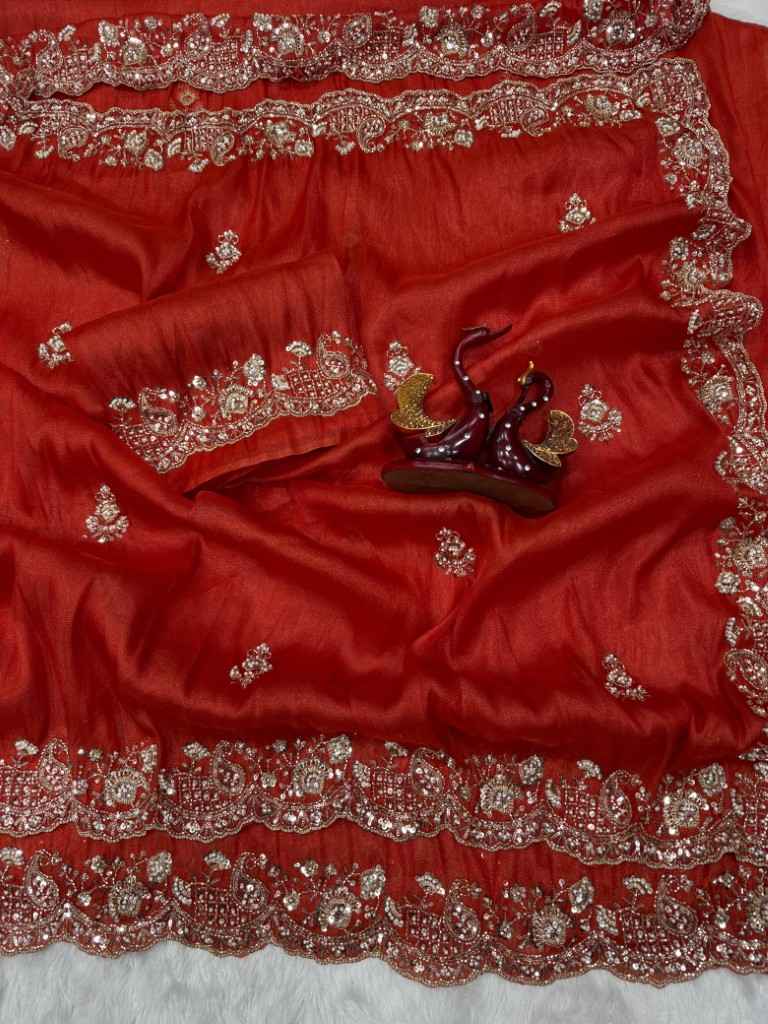 PREMIUM SOFT TISSUE SILK MOTI AND BEADS HEAVY EMBROIDERED WORK SAREE