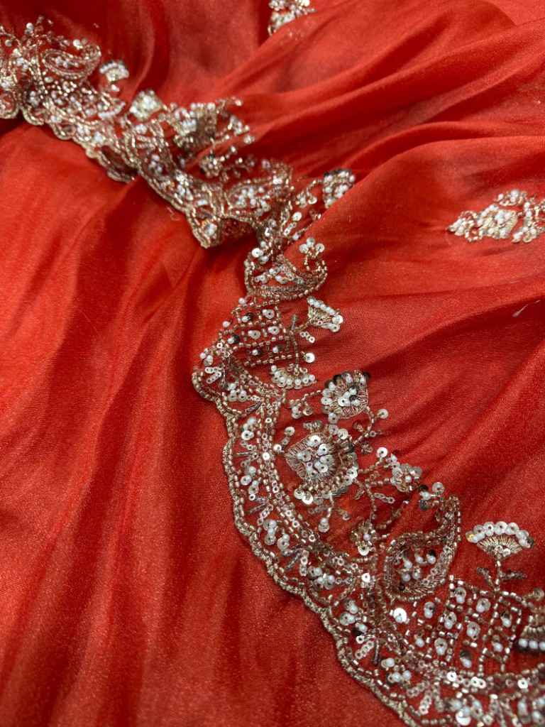 PREMIUM SOFT TISSUE SILK MOTI AND BEADS HEAVY EMBROIDERED WORK SAREE