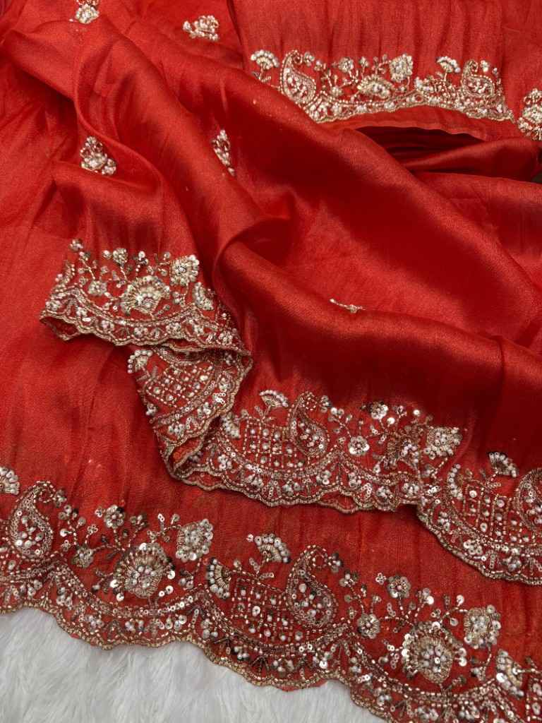 PREMIUM SOFT TISSUE SILK MOTI AND BEADS HEAVY EMBROIDERED WORK SAREE