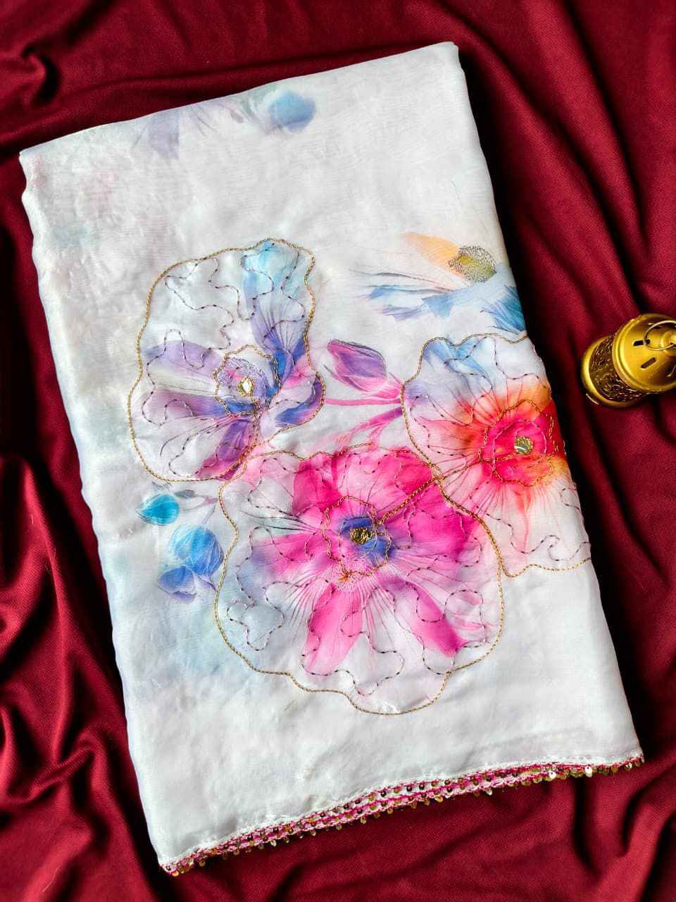 PREMIUM SPACE SILK FLORAL HANDWORK SAREE