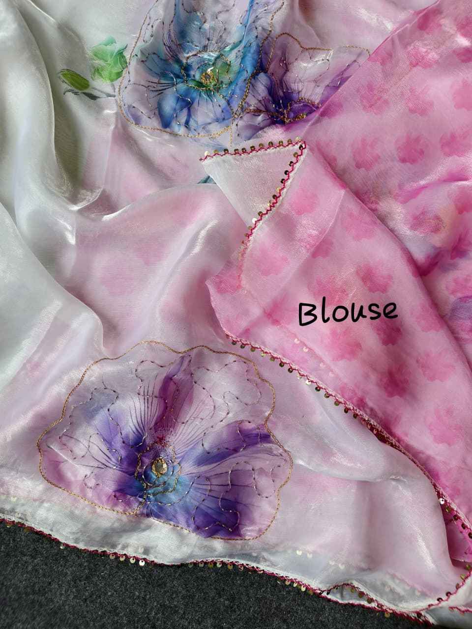 PREMIUM SPACE SILK FLORAL HANDWORK SAREE