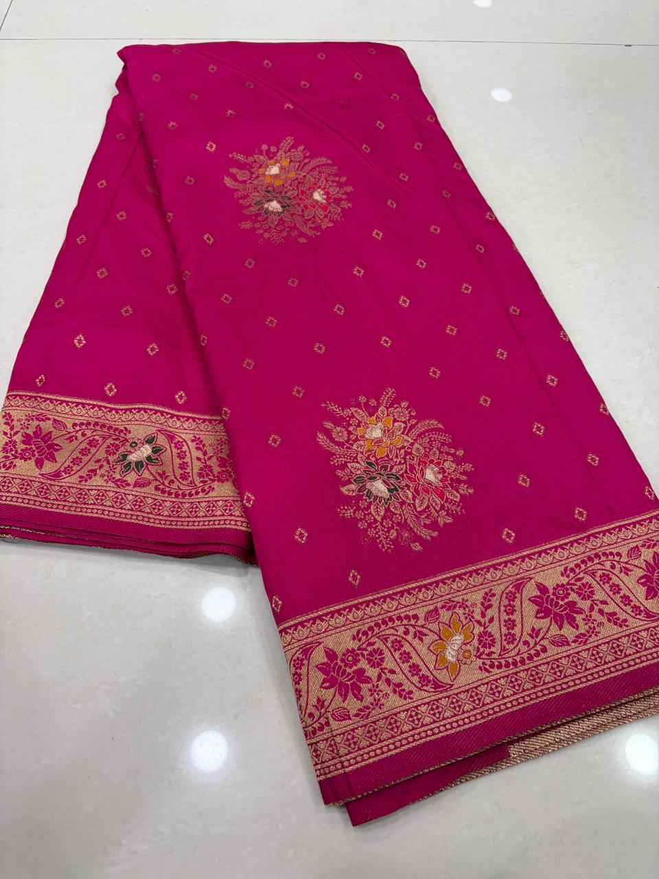PURE BANARASI KHADI DOLLA SILK FLOWER ZARI WEAVING SAREE 