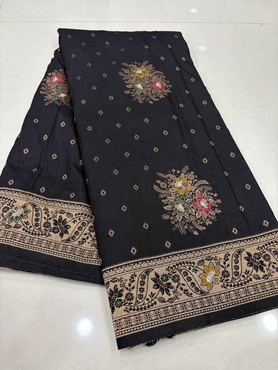 PURE BANARASI KHADI DOLLA SILK FLOWER ZARI WEAVING SAREE 