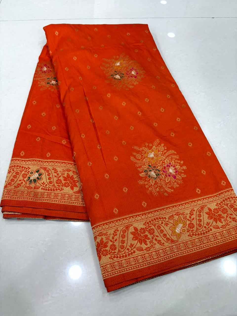 PURE BANARASI KHADI DOLLA SILK FLOWER ZARI WEAVING SAREE 