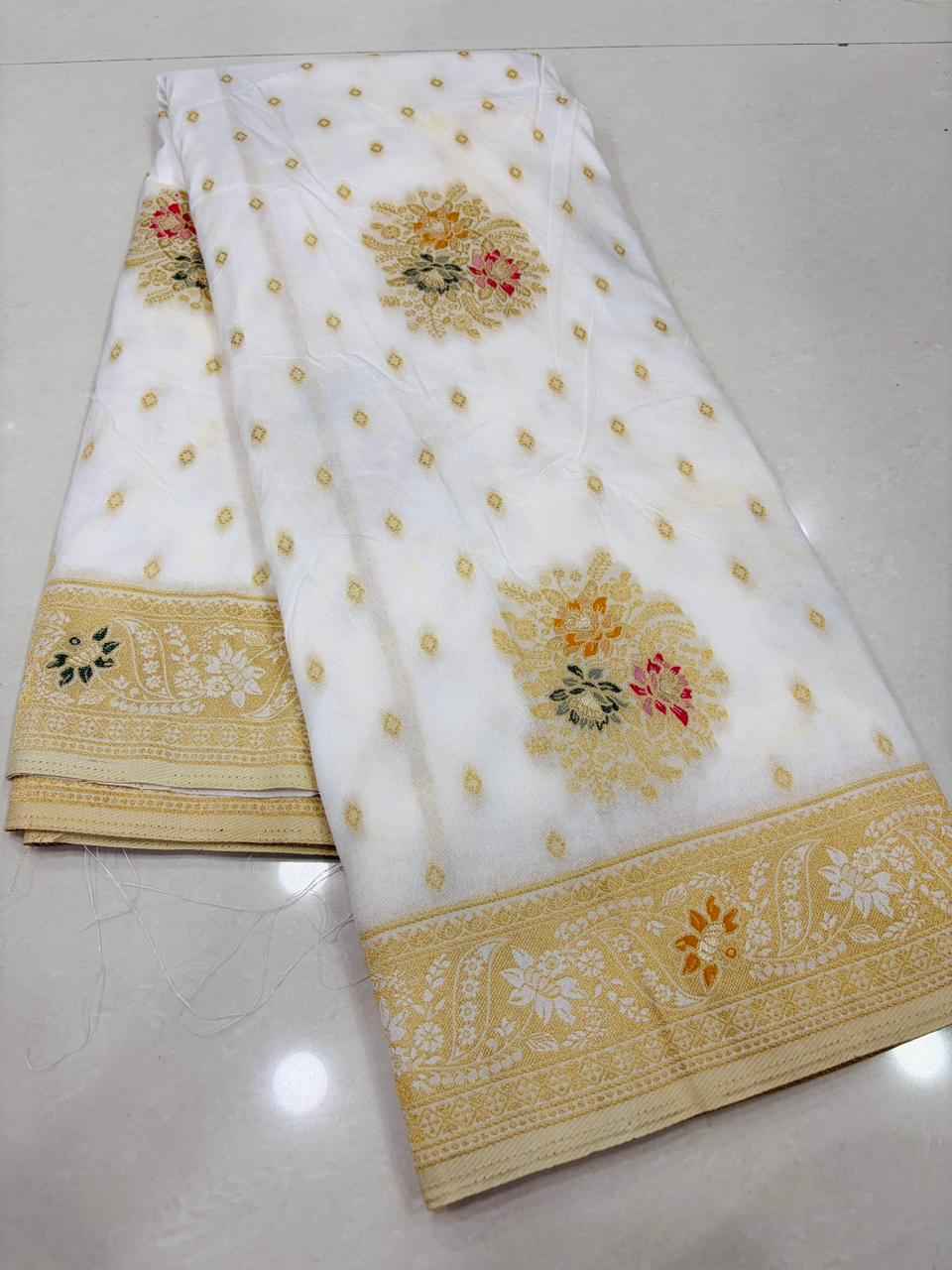 PURE BANARASI KHADI DOLLA SILK FLOWER ZARI WEAVING SAREE 