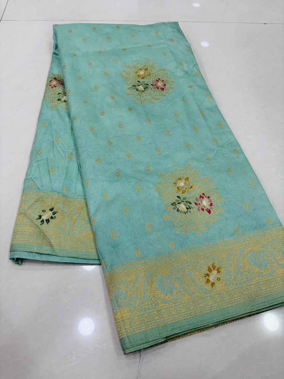 PURE BANARASI KHADI DOLLA SILK FLOWER ZARI WEAVING SAREE 