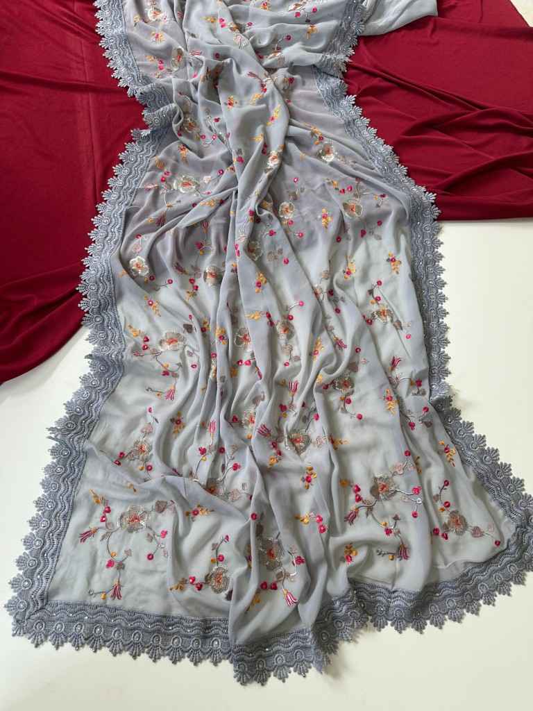 PURE GEORGATE SEQUENCE JAAL EMBROIDERED SAREE AT WHOLESALE PRICE