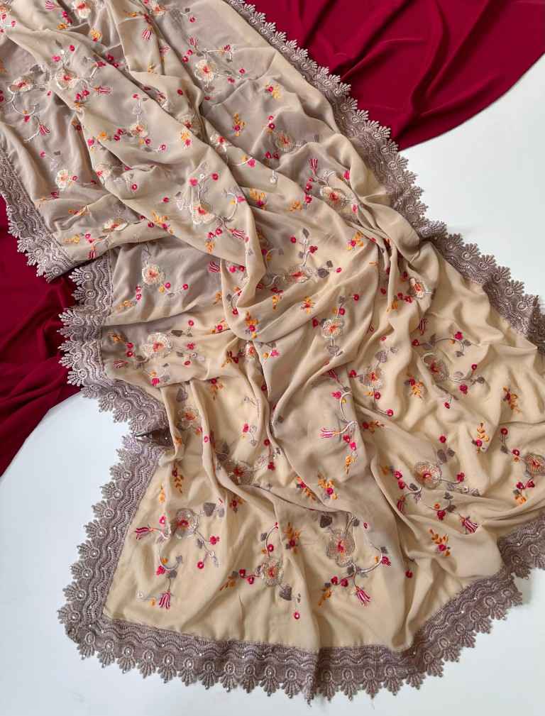 PURE GEORGATE SEQUENCE JAAL EMBROIDERED SAREE AT WHOLESALE PRICE