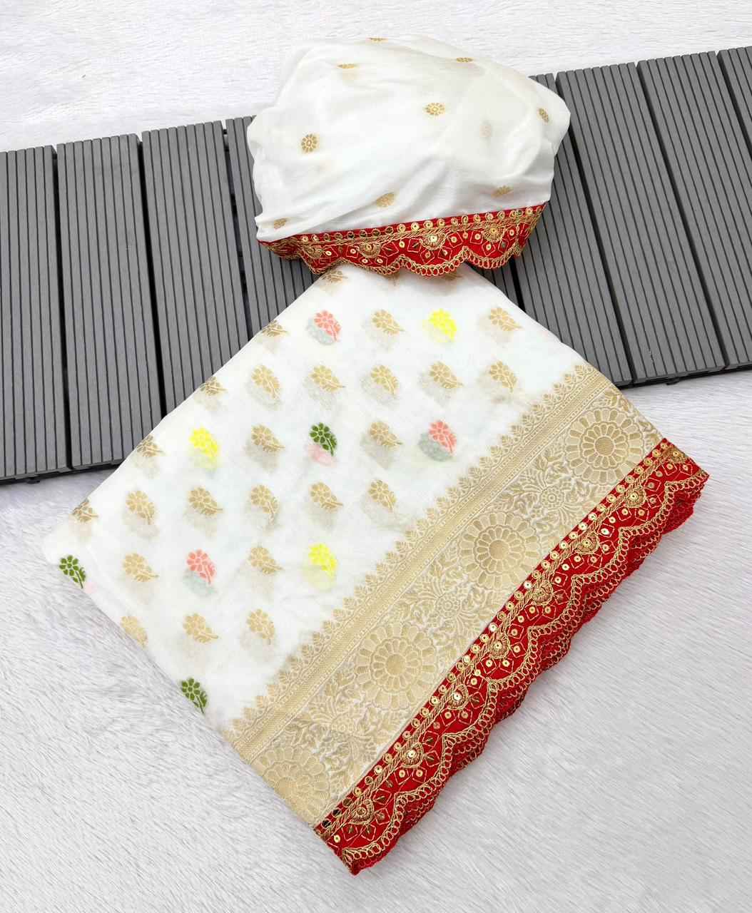 PURE KHADDI GEORGETTE DOLLA SILK KANCHI BORDER SAREE AT WHOLESALE PRICE