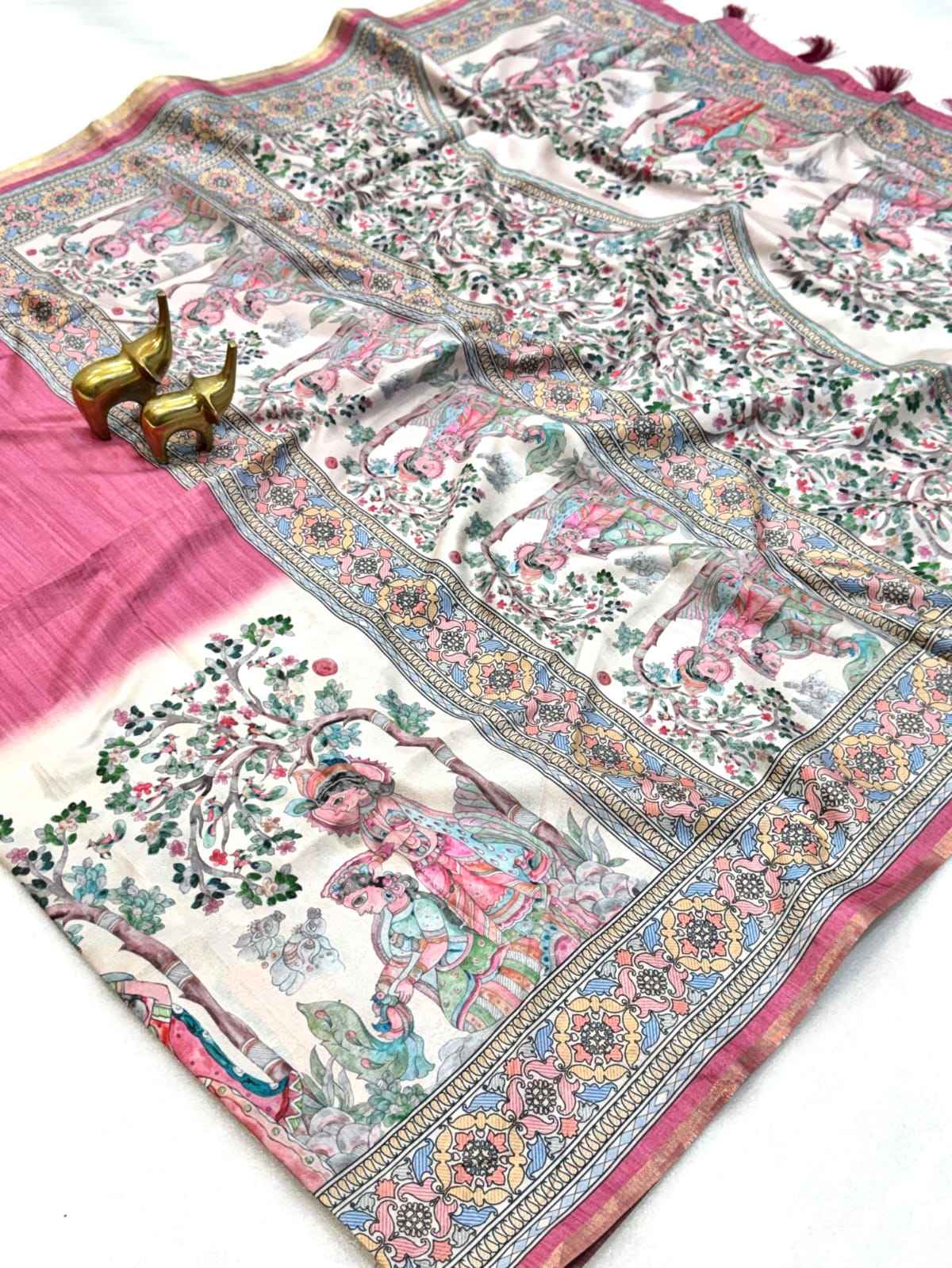PURE SOFT COTTON TUSSAR SILK PICHWAI PRINTS SAREE 