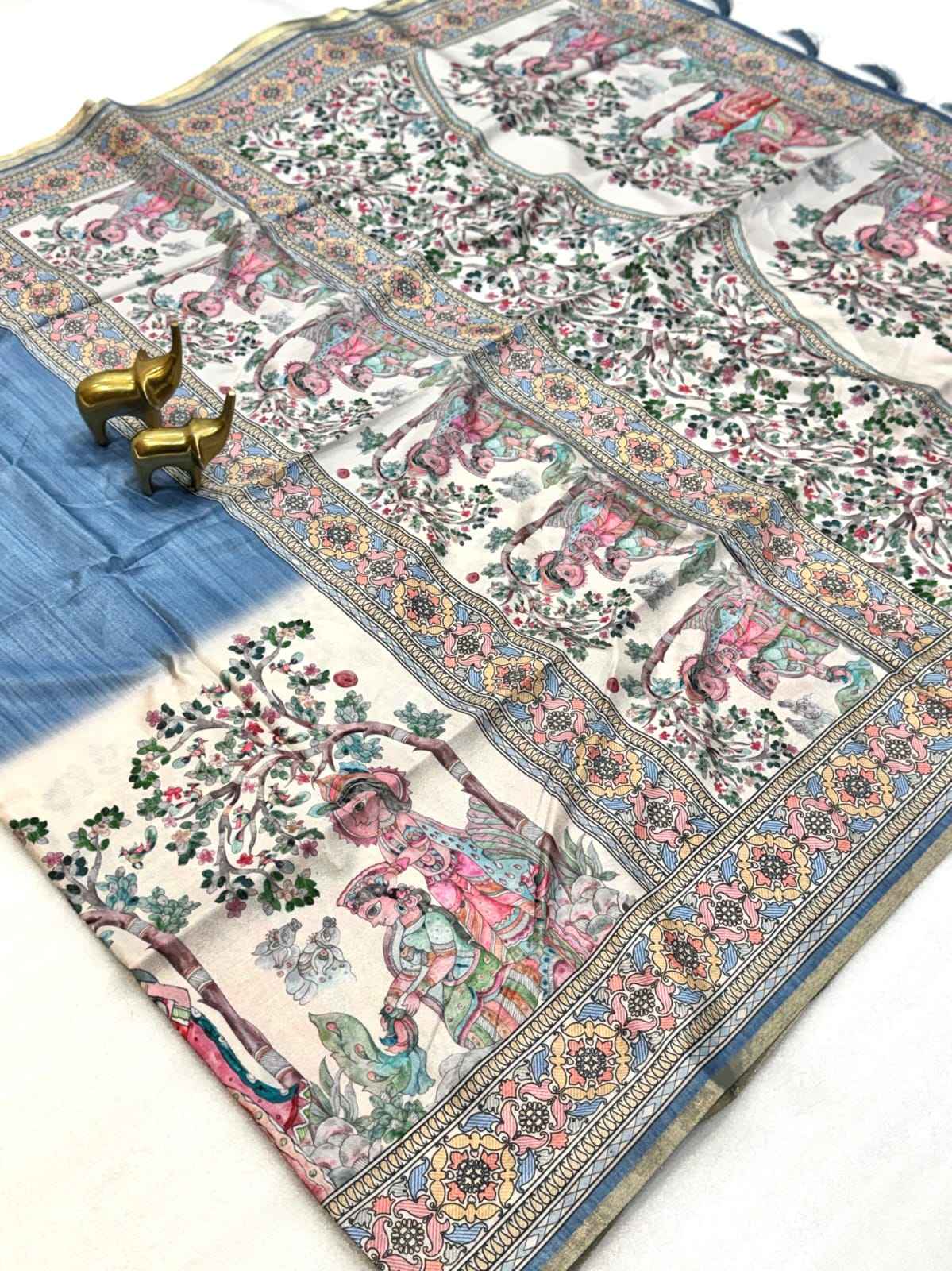 PURE SOFT COTTON TUSSAR SILK PICHWAI PRINTS SAREE 