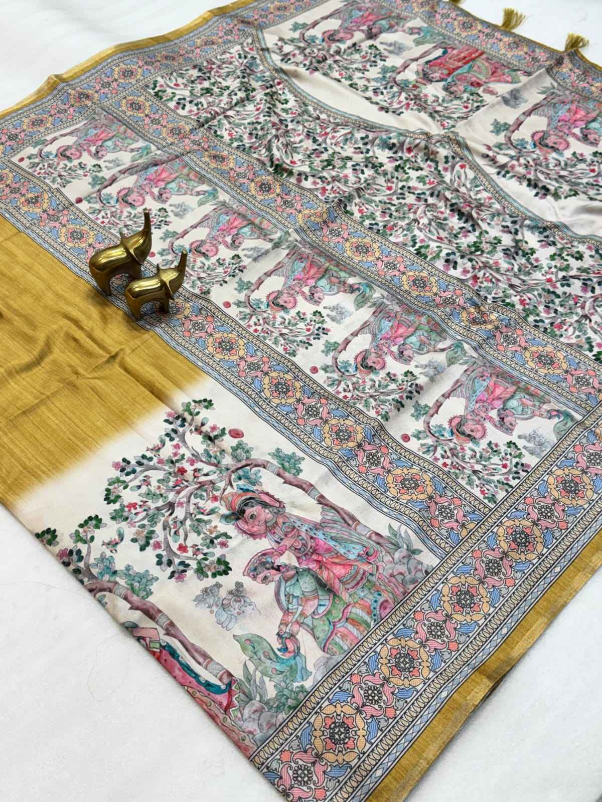 PURE SOFT COTTON TUSSAR SILK PICHWAI PRINTS SAREE 
