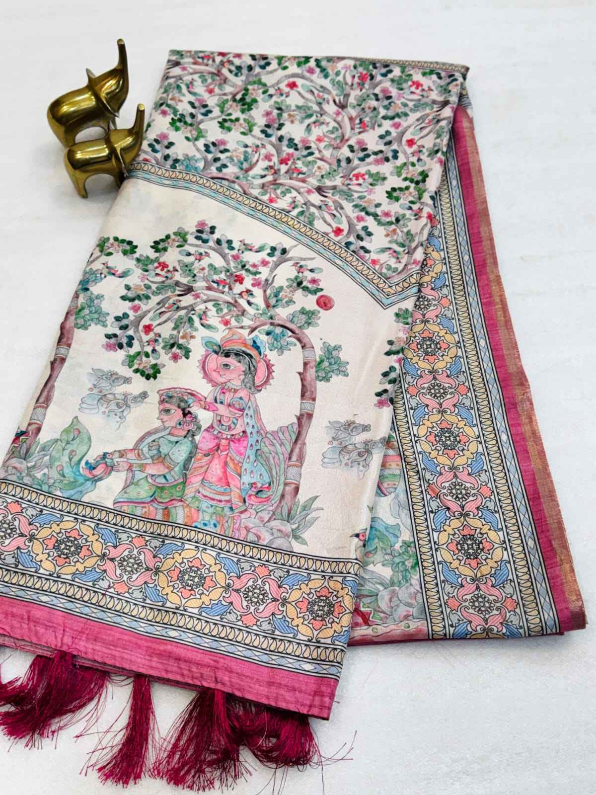 PURE SOFT COTTON TUSSAR SILK PICHWAI PRINTS SAREE 