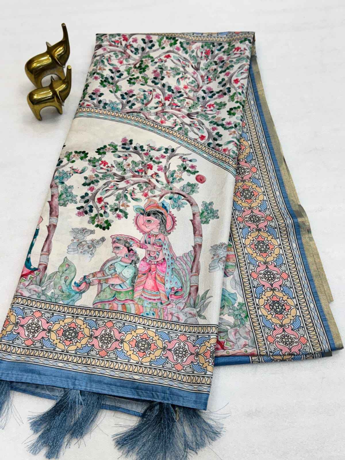 PURE SOFT COTTON TUSSAR SILK PICHWAI PRINTS SAREE 