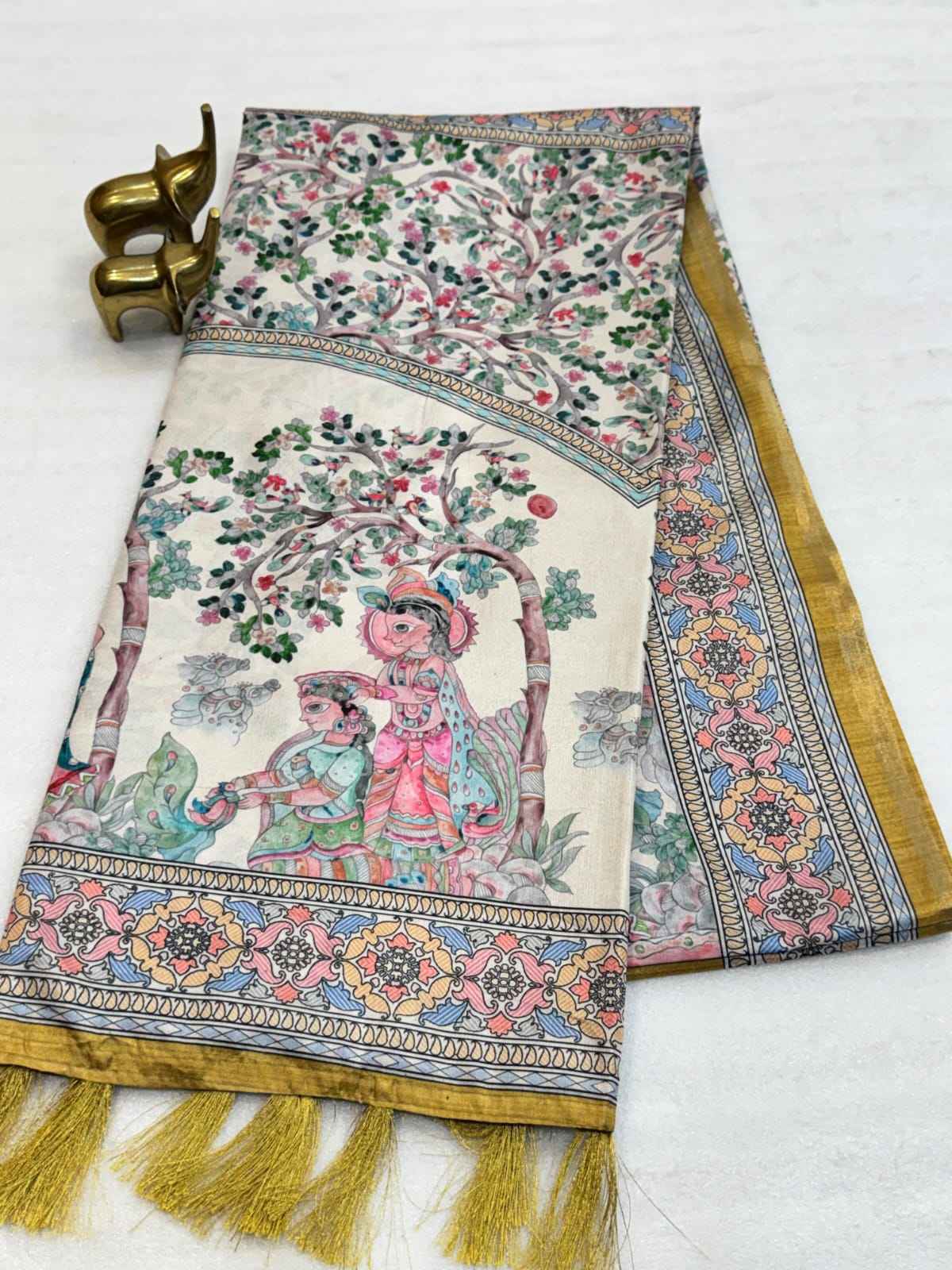 PURE SOFT COTTON TUSSAR SILK PICHWAI PRINTS SAREE 