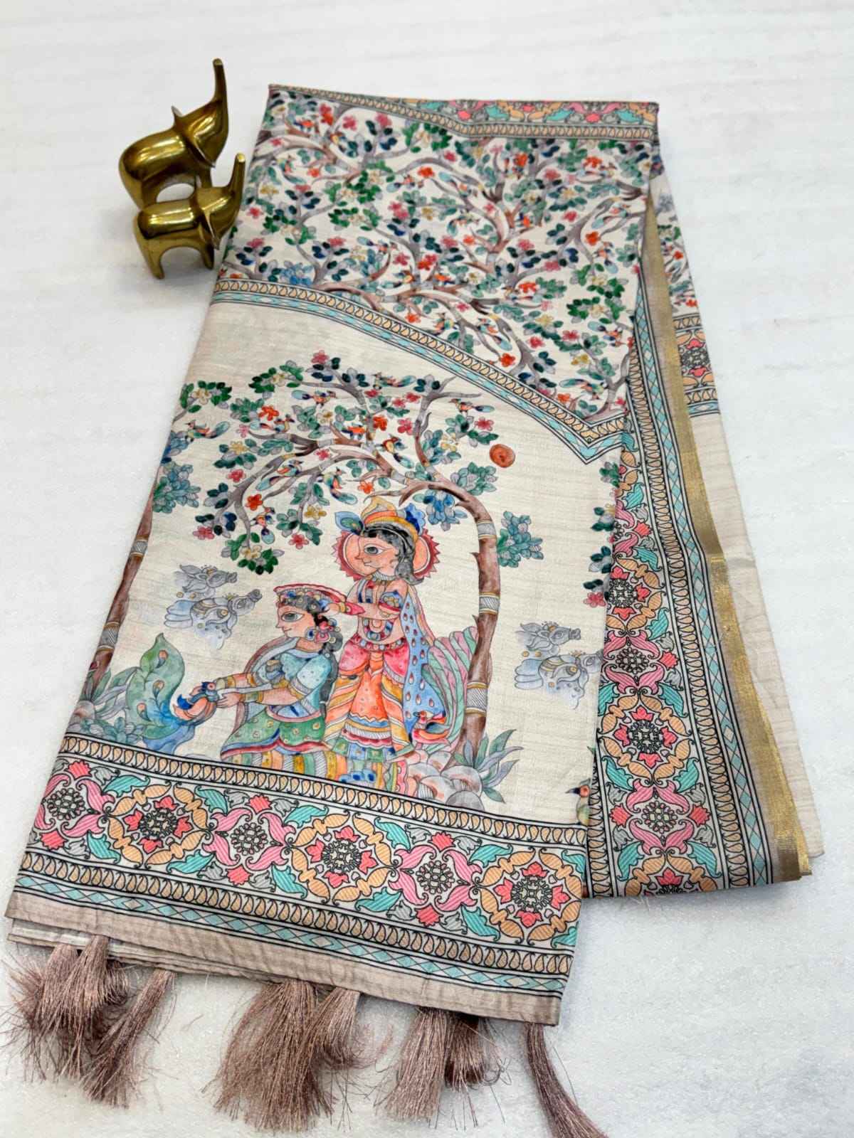 PURE SOFT COTTON TUSSAR SILK PICHWAI PRINTS SAREE 