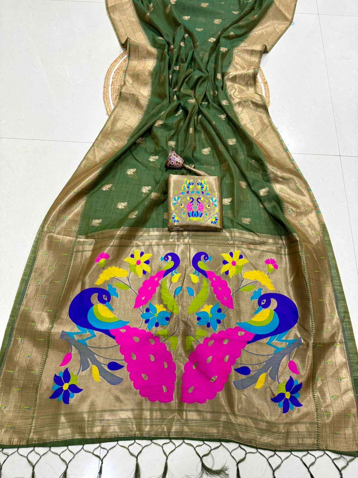 PURE SOFT MUGA COTTON ZAEI WEAVING MUNIYA PAITHANI SAREE 