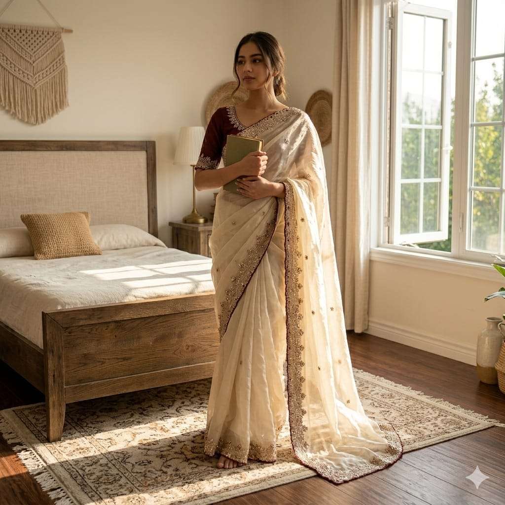 PURE SPACE SILK SEQUENCE AND CUTDANA HANDWORK SAREE