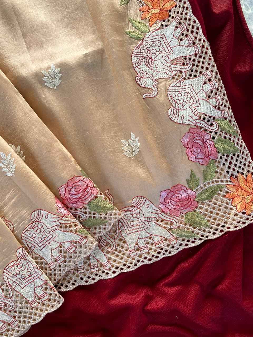 PURE VISCOSE TUSSAR ELEPHANT EMBRODIED SAREE 