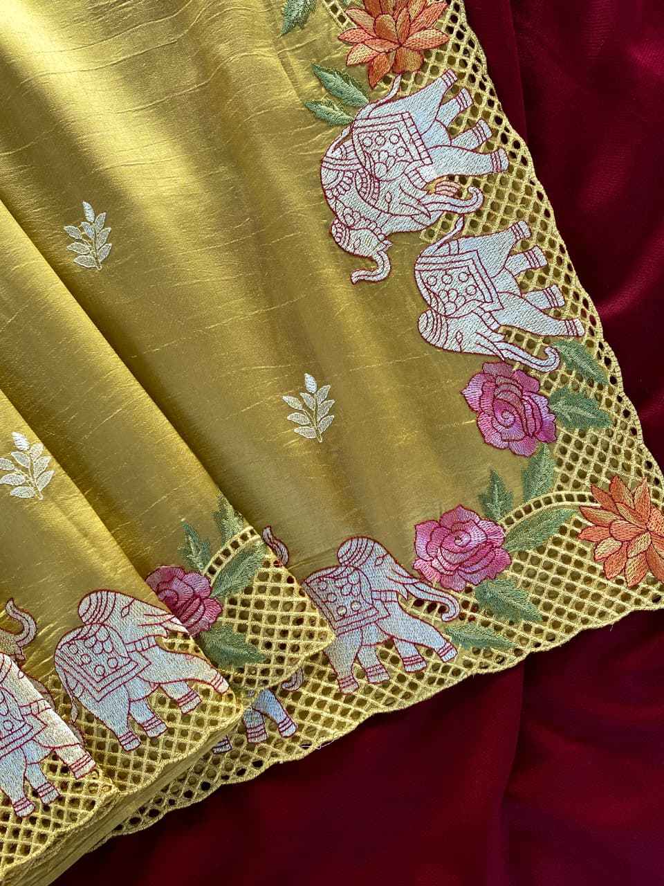 PURE VISCOSE TUSSAR ELEPHANT EMBRODIED SAREE 