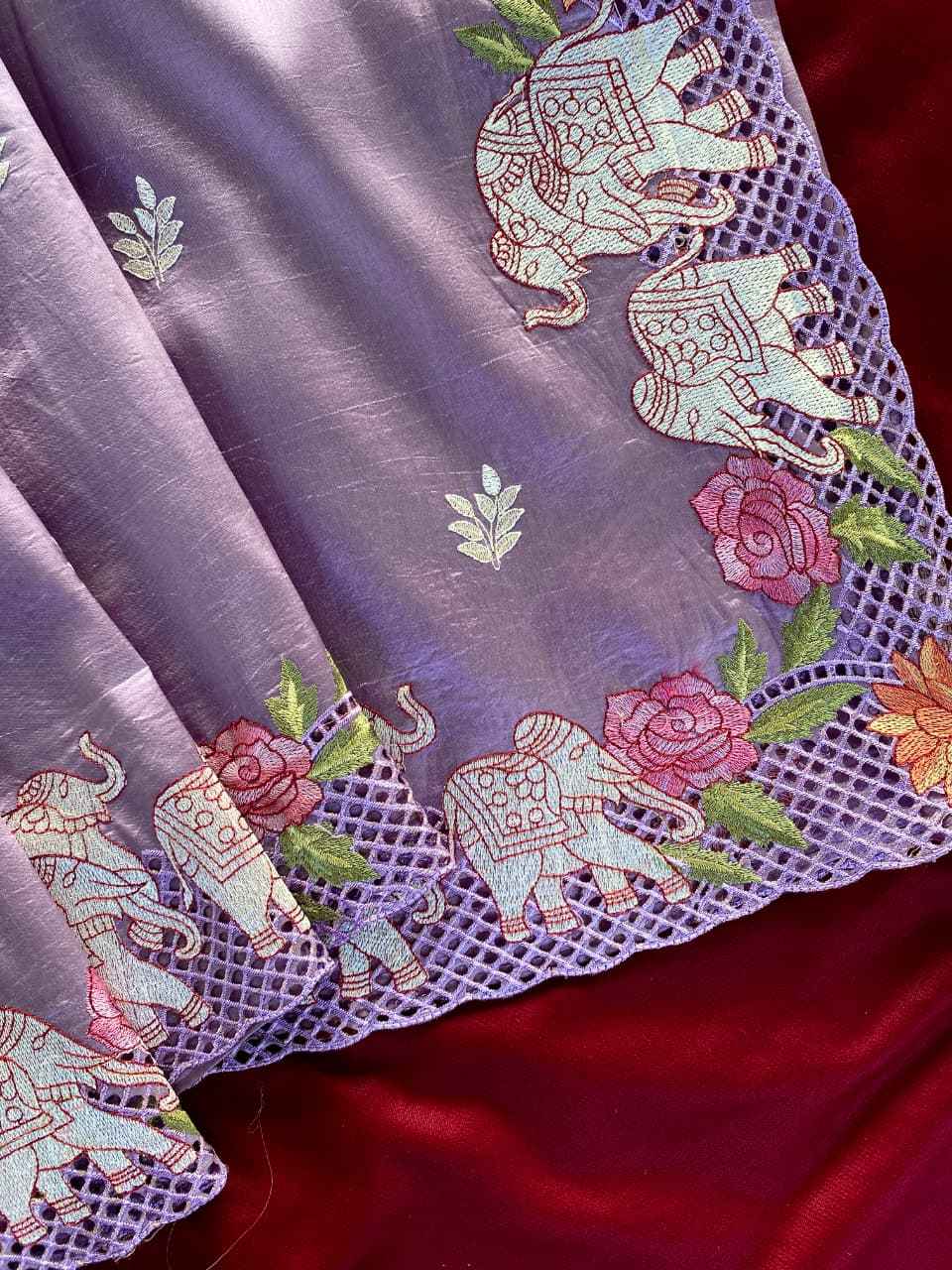 PURE VISCOSE TUSSAR ELEPHANT EMBRODIED SAREE 