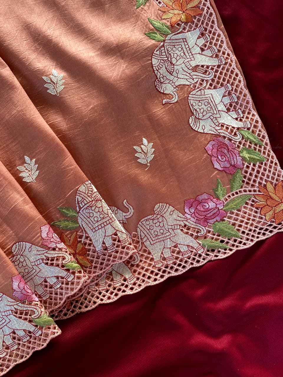 PURE VISCOSE TUSSAR ELEPHANT EMBRODIED SAREE 