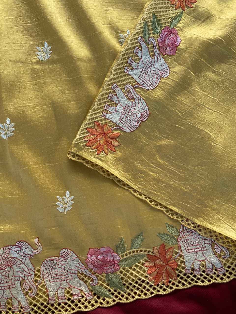 PURE VISCOSE TUSSAR ELEPHANT EMBRODIED SAREE 