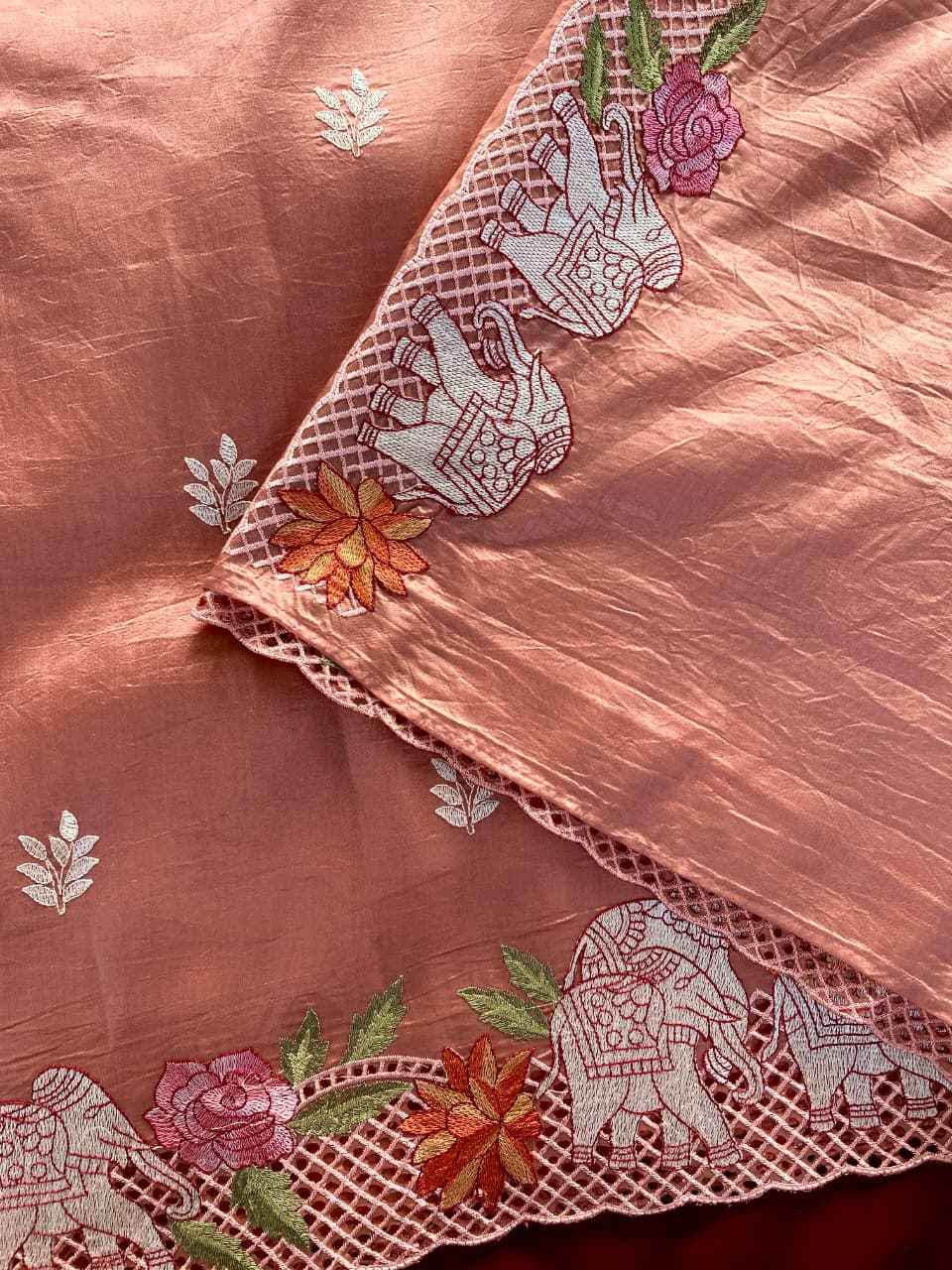 PURE VISCOSE TUSSAR ELEPHANT EMBRODIED SAREE 