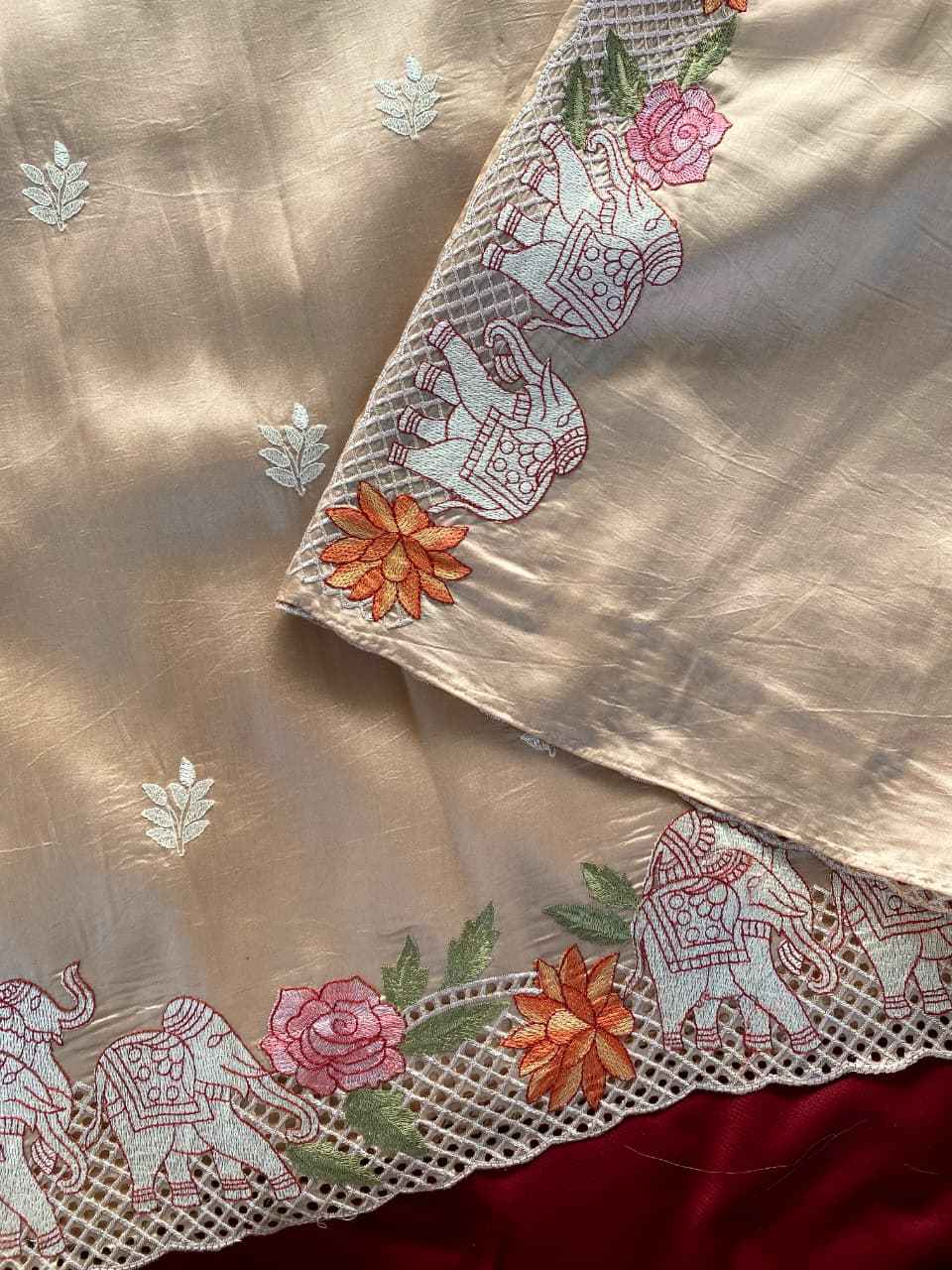PURE VISCOSE TUSSAR ELEPHANT EMBRODIED SAREE 