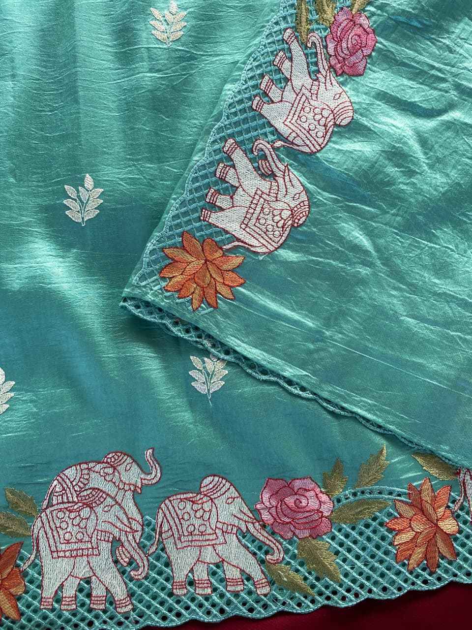 PURE VISCOSE TUSSAR ELEPHANT EMBRODIED SAREE 