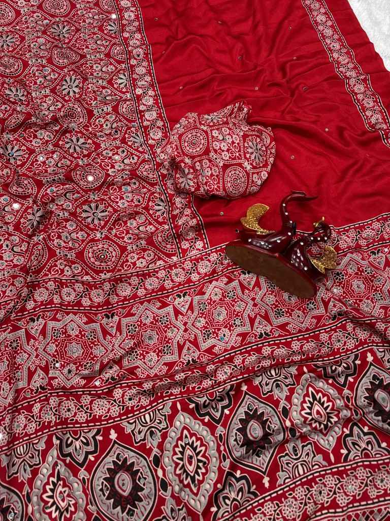SOFT CREPE SILK AJARAKH PRINT REAL MIRROR WORK SAREE