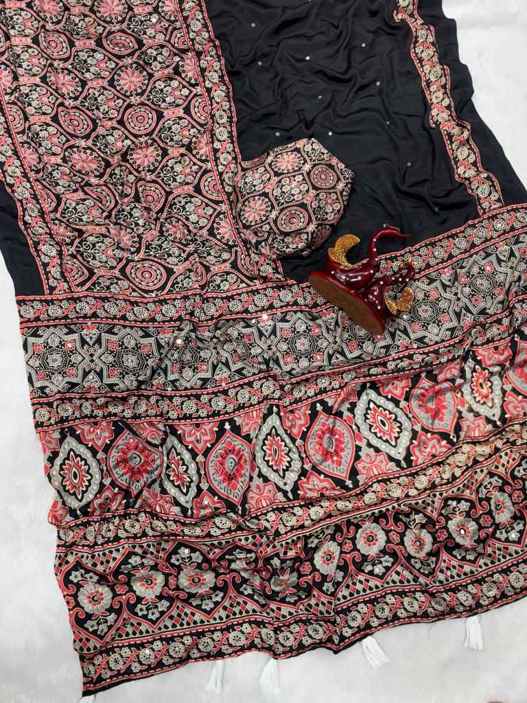 SOFT CREPE SILK AJARAKH PRINT REAL MIRROR WORK SAREE