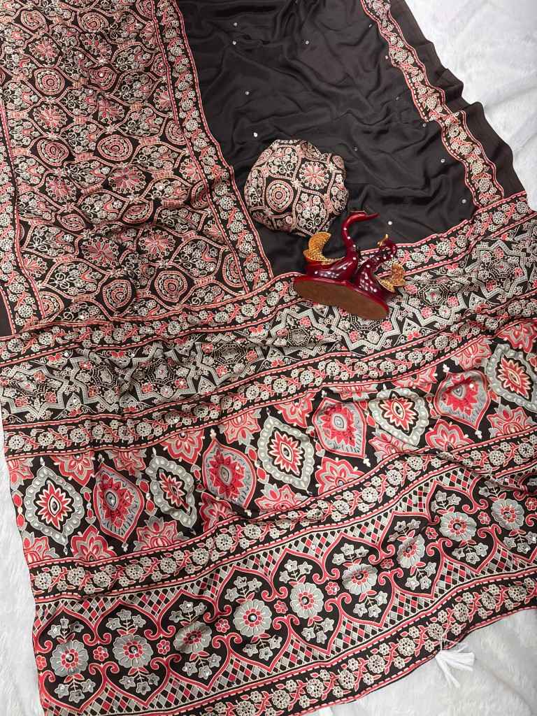 SOFT CREPE SILK AJARAKH PRINT REAL MIRROR WORK SAREE
