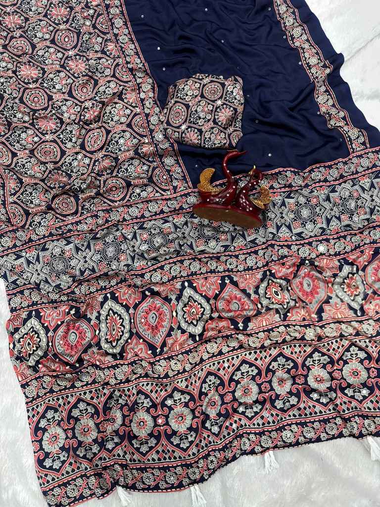 SOFT CREPE SILK AJARAKH PRINT REAL MIRROR WORK SAREE