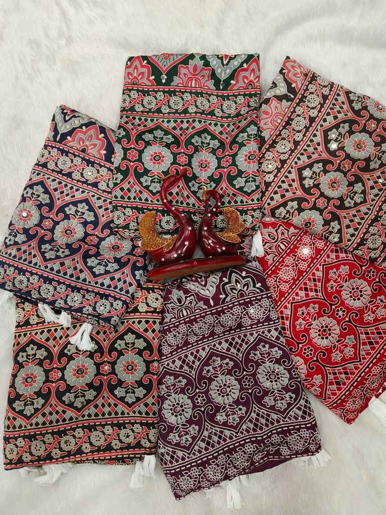 SOFT CREPE SILK AJARAKH PRINT REAL MIRROR WORK SAREE
