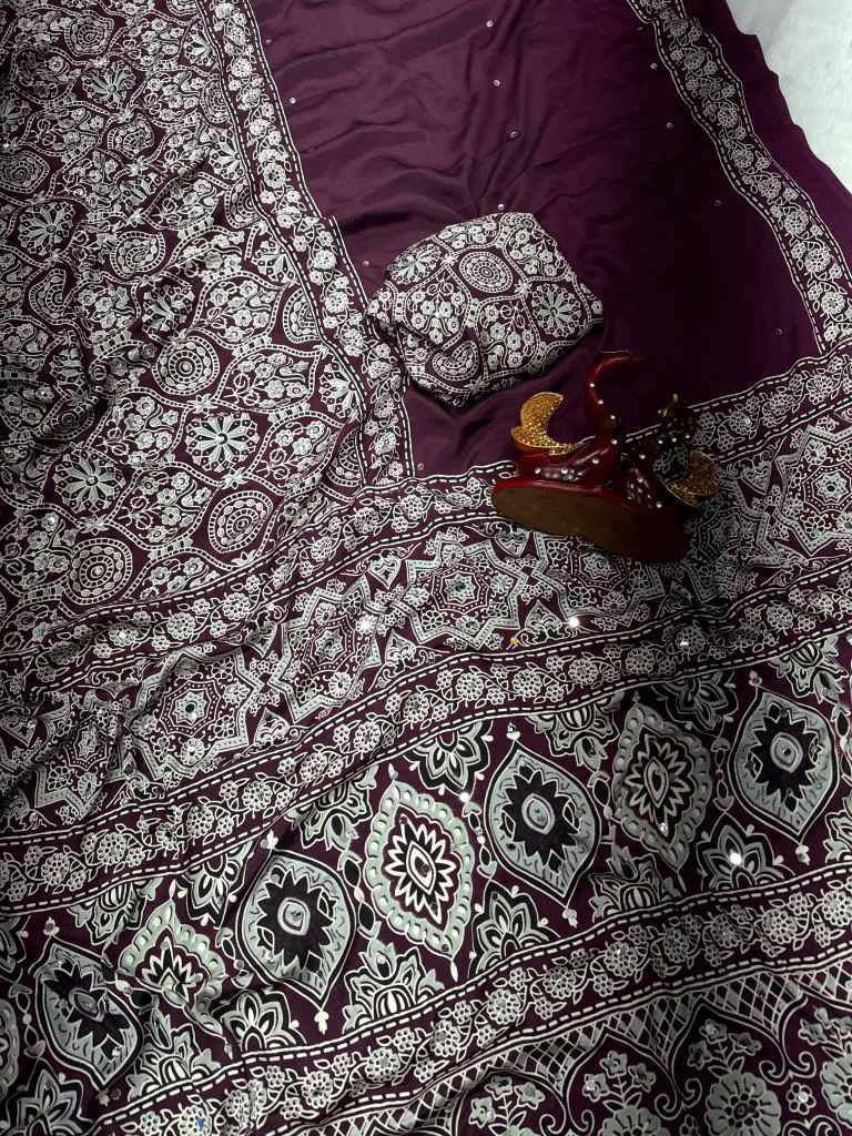 SOFT CREPE SILK AJARAKH PRINT REAL MIRROR WORK SAREE