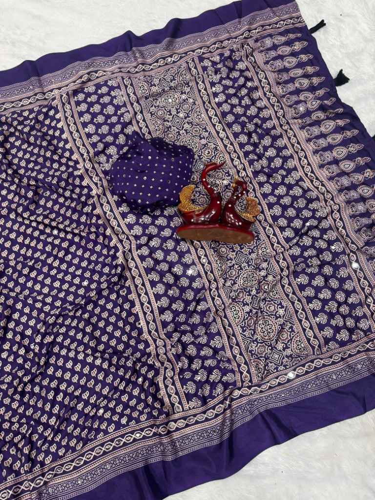 SOFT CREPE SILK AJARAKH PRINT REAL MIRROR WORK SAREE AT WHOLESALE PRICE 