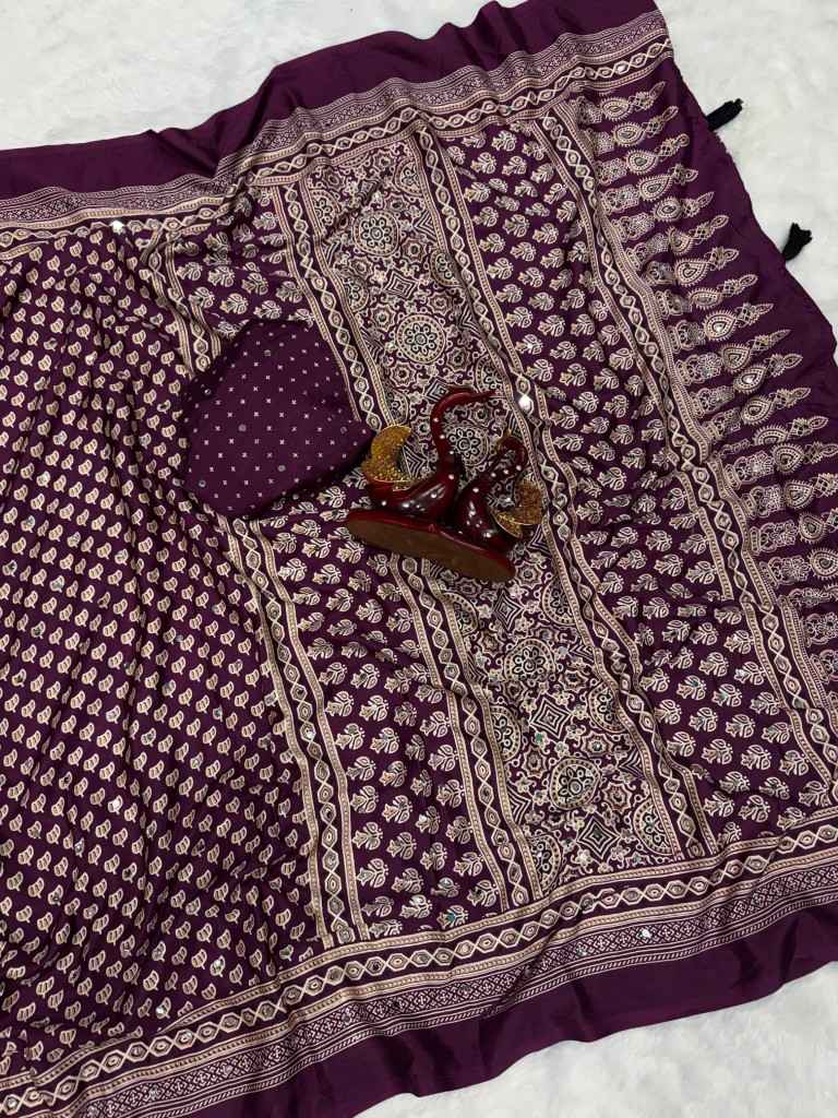SOFT CREPE SILK AJARAKH PRINT REAL MIRROR WORK SAREE AT WHOLESALE PRICE 