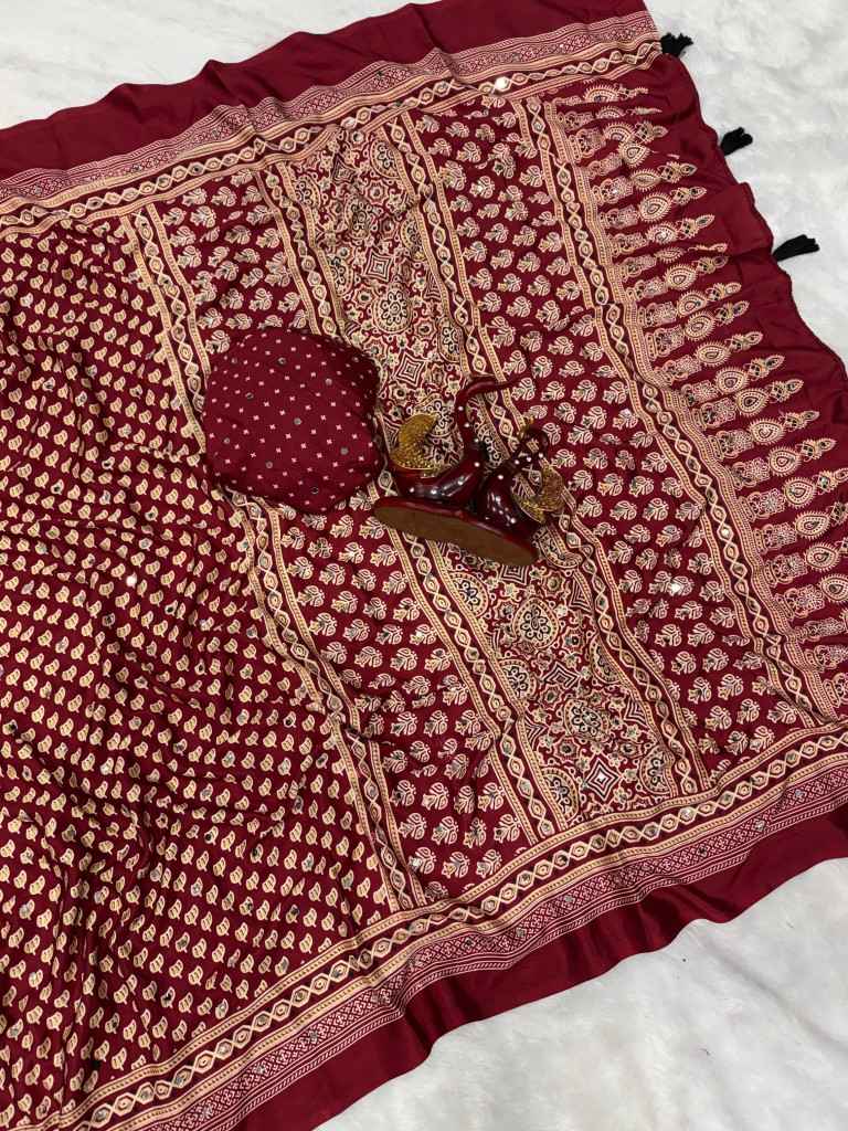SOFT CREPE SILK AJARAKH PRINT REAL MIRROR WORK SAREE AT WHOLESALE PRICE 
