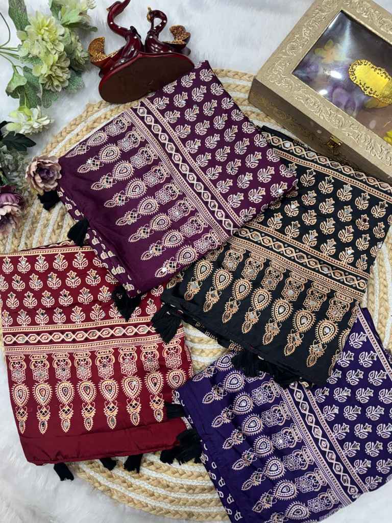 SOFT CREPE SILK AJARAKH PRINT REAL MIRROR WORK SAREE AT WHOLESALE PRICE 