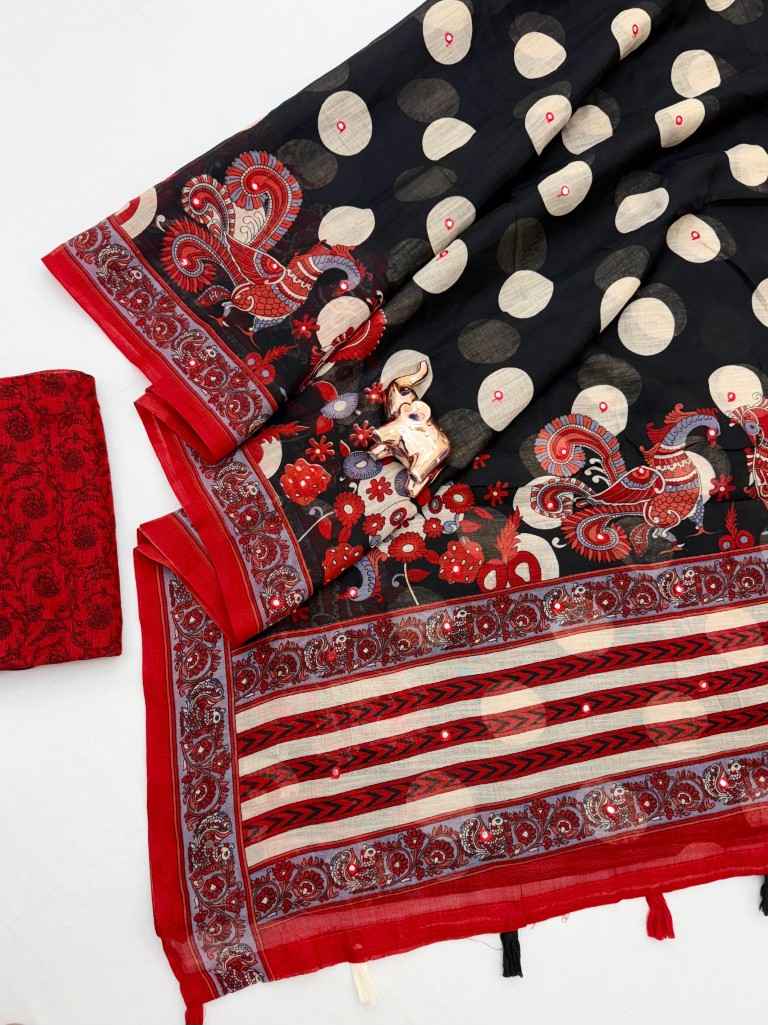 SOFT HEAVY LINEN COTTON KALAMKARI PRINTS AARI MIRROR WORK SAREE 